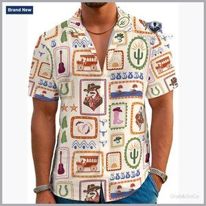 Men's Hawaiian Shirt Vintage Western Cowboy Print Button Down Short Sleeve